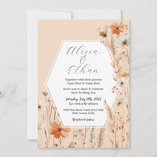 Invitation Boho Mariage Pêche fleurs fleurs (Devant)