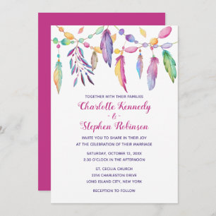 Invitation Boho Mariage Purple Feather Amérindien