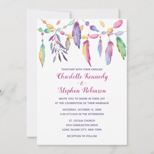 Invitation Boho Mariage Purple Feather Amérindien Indien (Devant)