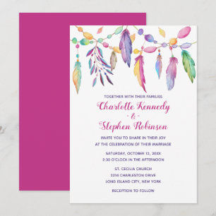 Invitation Boho Mariage Purple Feather Amérindien Indien