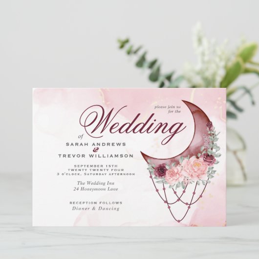 Invitation Boho Mariage rose croissant lune tout en un (Debout devant)