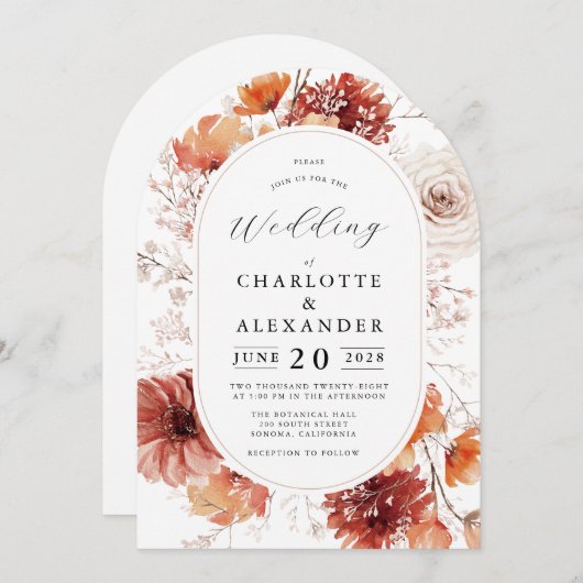 Invitation Boho Mariage Terracotta Rust Fleurs (Devant / Derrière)