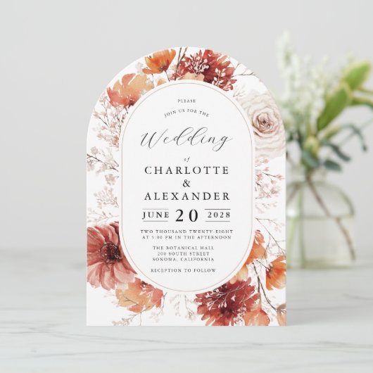 Invitation Boho Mariage Terracotta Rust Fleurs (Debout devant)