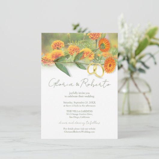 Invitation Boho Marigold Blooms et Anneaux Mariages Art (Debout devant)