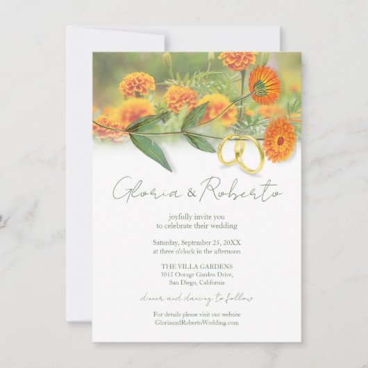 Invitation Boho Marigold Blooms et Anneaux Mariages Art (Devant)