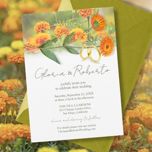 Invitation Boho Marigold Blooms et Anneaux Mariages Art