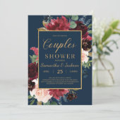 Invitation Boho marine bordeaux rousse floral couples douche (Debout devant)