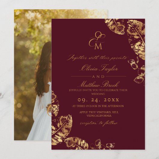 Invitation Boho Maroon automne | Mariage Gold Rustic (Devant / Derrière)