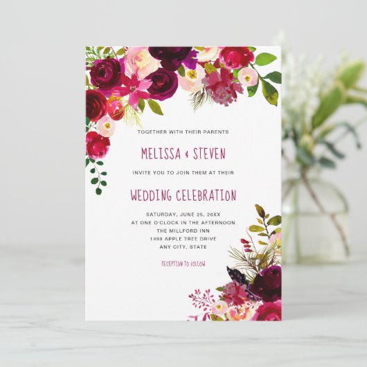 Invitation Boho maroon bordeaux fête des mariages floraux (Debout devant)