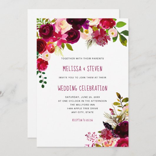 Invitation Boho maroon bordeaux fête des mariages floraux (Devant / Derrière)
