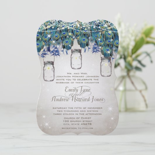 Invitation Boho Mason Jar Navy Turquoise Peacock (Debout devant)