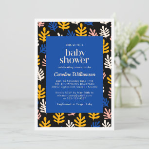 Invitation Boho Matisse Baby shower botanique bleu et noir