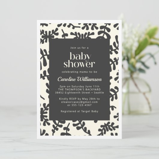 Invitation Boho Matisse Baby shower Botanique Noir Blanc (Debout devant)