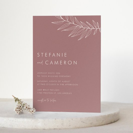 Invitation Boho Mauve Pink Minimalist Foliing Mariage