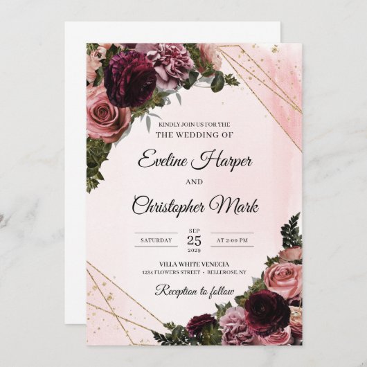 Invitation Boho mauve tendance fleurs roses faux cadre or (Devant / Derrière)