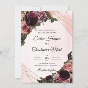 Invitation Boho mauve tendance fleurs roses faux cadre or