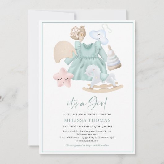 Invitation Boho menthe fille robe jouets en bois arc-en-ciel  (Devant)