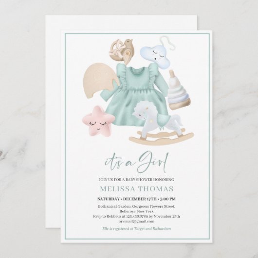 Invitation Boho menthe fille robe jouets en bois arc-en-ciel  (Devant / Derrière)