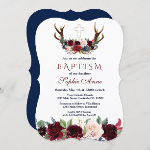 Invitation Boho Merlot Marine Bleu Floral Antlers Baptême