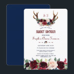 Invitation Boho Merlot Marine bleu Floral Antlers Sweet 16<br><div class="desc">Un design rustique et bohème pour des événements spéciaux, toutes saisons ! Ce design comprend des bois de cerfs, des merlots aquarelles, des bouquets de fleurs bleu marine, des flèches avec les mêmes fleurs et sur le dos un arrière - plan bleu marine. Utilisez l'outil Personnaliser pour ajouter vos informations....</div>