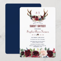 Boho Merlot Marine bleu Floral Antlers Sweet 16