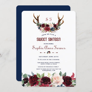 Invitation Boho Merlot Marine bleu Floral Antlers Sweet 16