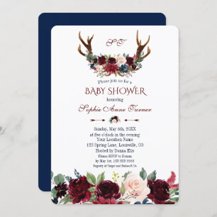 Invitation Boho Merlot Marine Blue Floral Antlers Baby shower