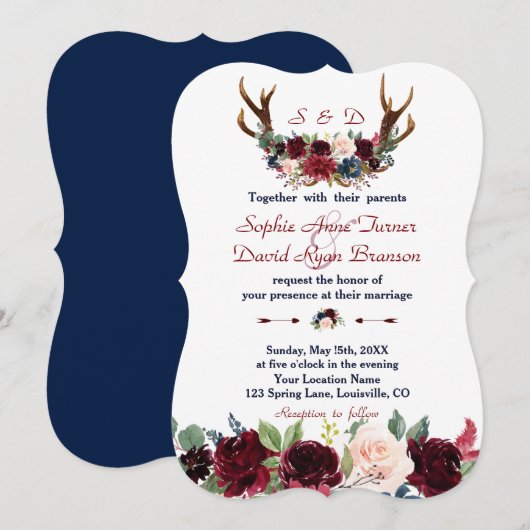 Invitation Boho Merlot Marine Blue Floral Antlers Mariage (Devant / Derrière)