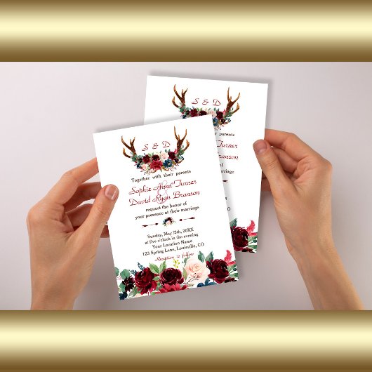 Invitation Boho Merlot Marine Blue Floral Antlers Mariage