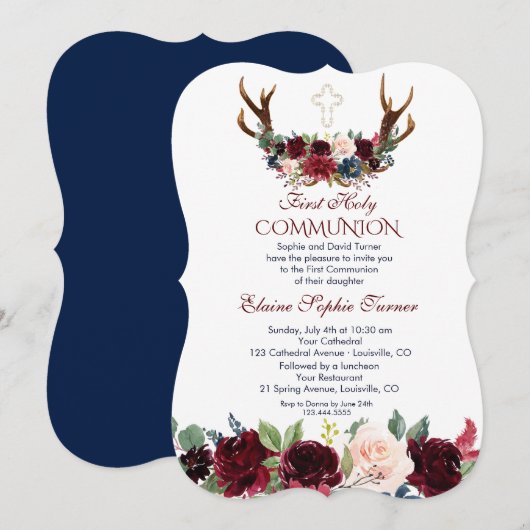 Invitation Boho Merlot Marine Floral Antlers Première communi (Devant / Derrière)
