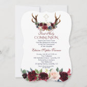 Invitation Boho Merlot Marine Floral Antlers Première communi (Devant)