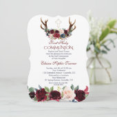 Invitation Boho Merlot Marine Floral Antlers Première communi (Debout devant)