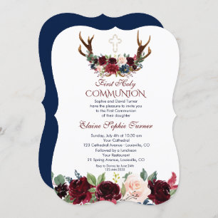 Invitation Boho Merlot Marine Floral Antlers Première communi
