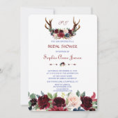 Invitation Boho Merlot Navy Blue Floral Antlers Fête des mari (Devant)
