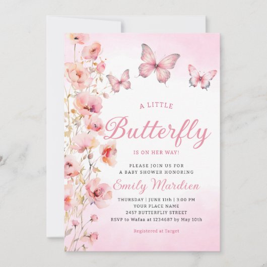 Invitation Boho mignonne rose papillon floral Baby shower fil (Devant)