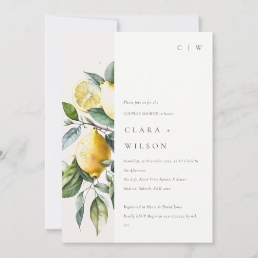 Invitation Boho Minimal Citron Jaune Jardin Couples Douche (Devant)