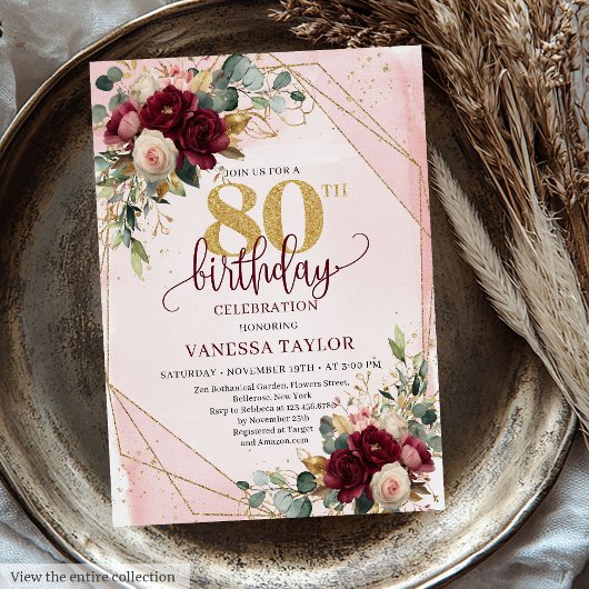 Invitation Boho minimal Deep Red Gold Flowers 80e anniversair