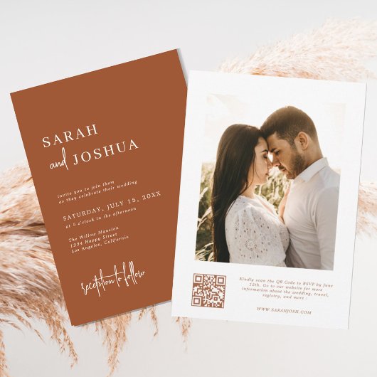Invitation Boho minimal moderne brûlé Orange QR Code Mariage
