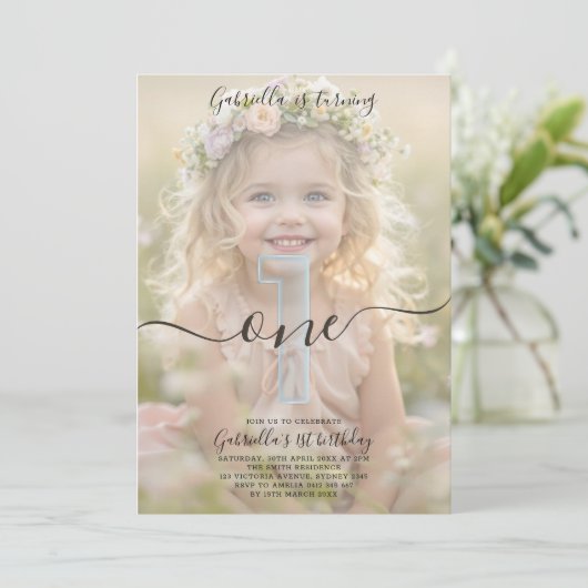 Invitation Boho Minimalist One Girl Photo 1st Birthday (Debout devant)