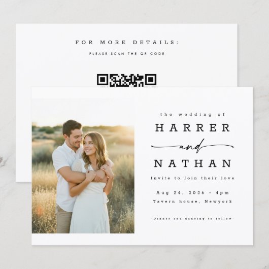 Invitation Boho Minimalist QR Code Photo Wedding (Devant / Derrière)
