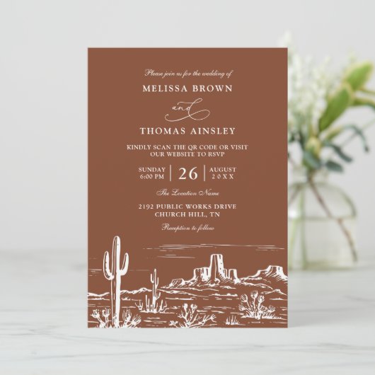 Invitation Boho Minimalist Terracotta Western QR Code Wedding (Debout devant)