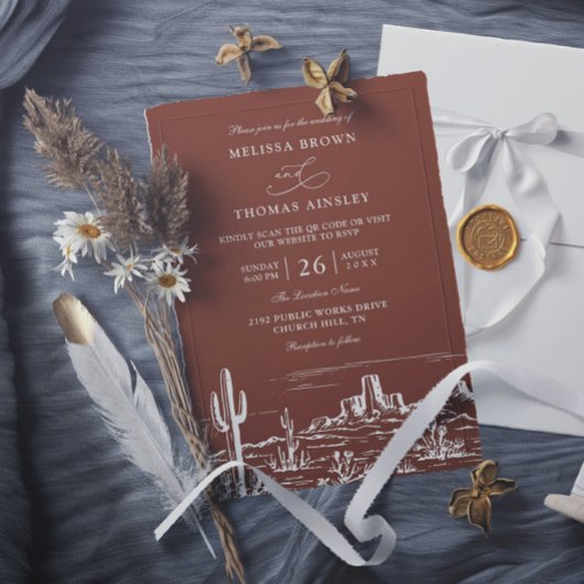 Invitation Boho Minimalist Terracotta Western QR Code Wedding