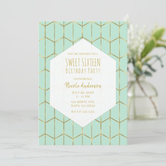 Invitation Boho Mint Vert Hexagon Or Géométrique Sweet 16 En (Debout devant)