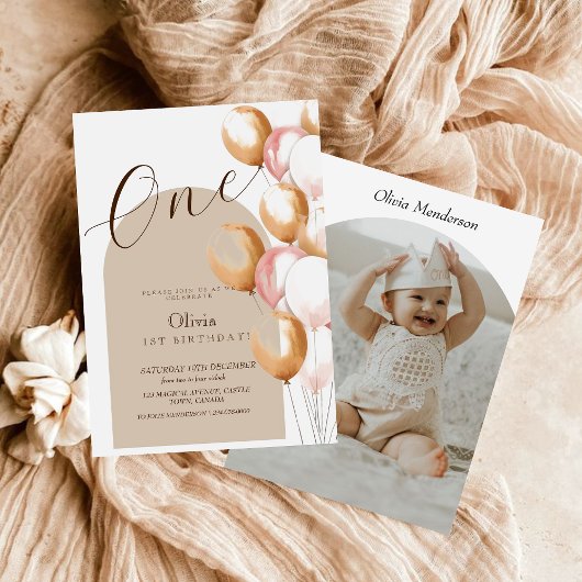 Invitation Boho Modern First Birday Balloons Birthday Photo