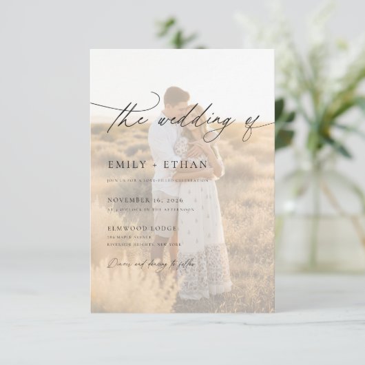 Invitation Boho Modern Vellum Overlay Photo QR Code Wedding  (Debout devant)