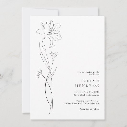 Invitation Boho Modern Wildflower Drawing Line Art Wedding (Devant)