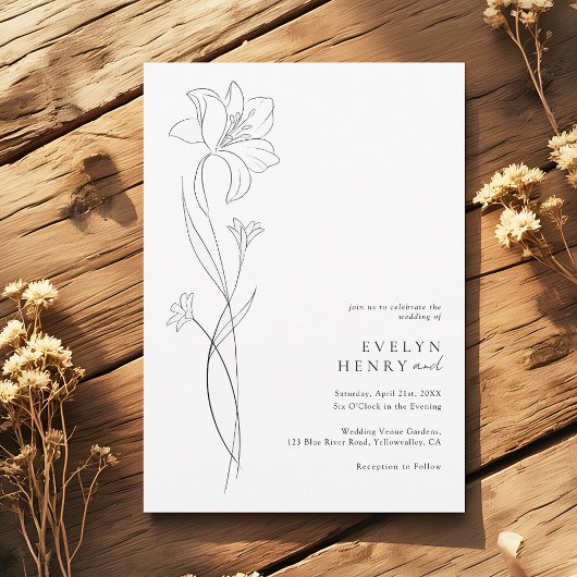 Invitation Boho Modern Wildflower Drawing Line Art Wedding