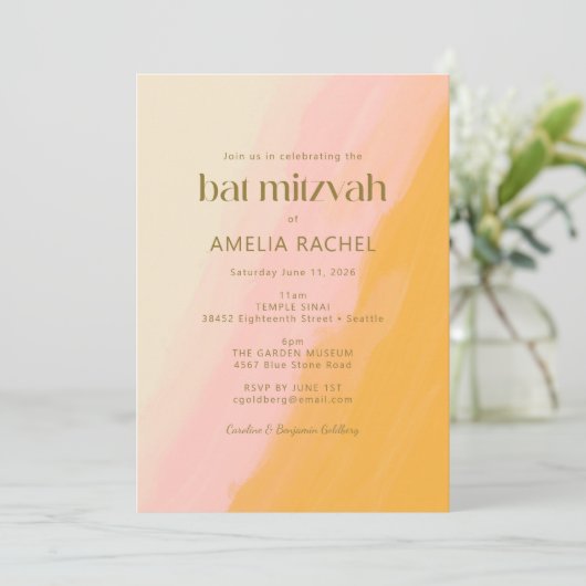 Invitation Boho moderne aquarelle rose Bat mitzvah jaune (Debout devant)