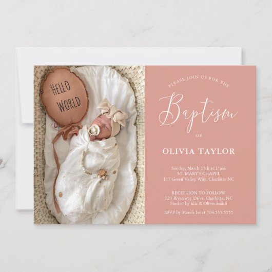 Invitation Boho Moderne Baby Blush Rose Dusty Rose Baptême (Devant)