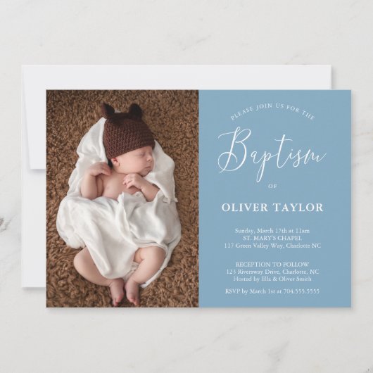 Invitation Boho Moderne bébé Dusty Bleu clair Baptême bleu cl (Devant)